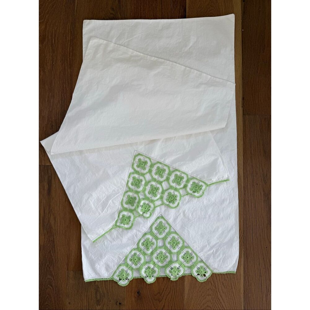 2 Vintage Queen Size Pillowcases Green Crochet Lace Detail 34” x 20”